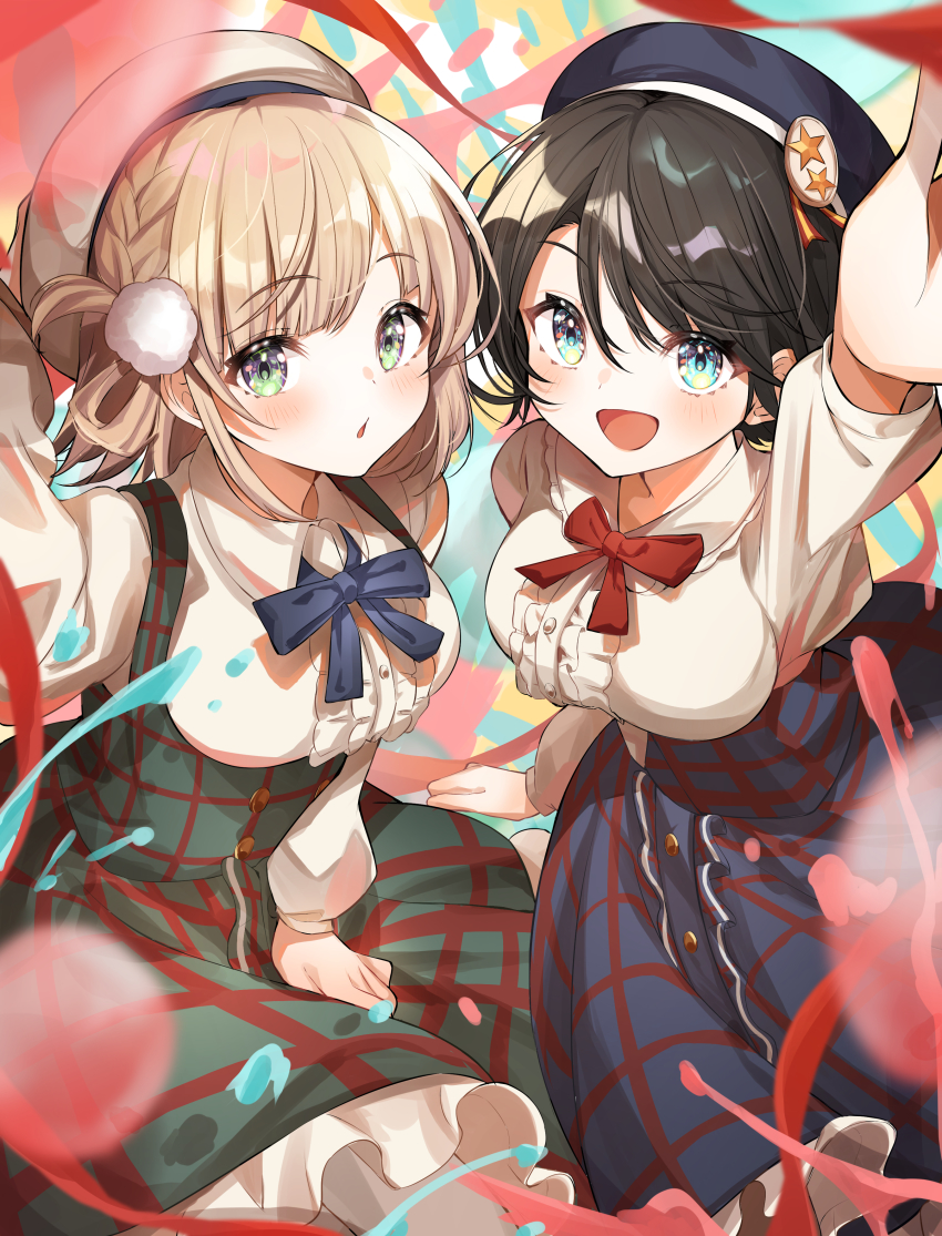 2girls :d absurdres arm_up beret black_hair blue_bow blue_eyes blue_headwear blue_skirt blush bow bowtie breasts center_frills chestnut_mouth collared_shirt commentary_request frilled_skirt frills furuki_ayaginutaira green_eyes green_skirt hair_ornament hat highres hololive indie_virtual_youtuber light_brown_hair long_sleeves looking_at_viewer medium_breasts multiple_girls oozora_subaru oozora_subaru_(casual) open_mouth outstretched_arm plaid_clothes plaid_skirt pom_pom_(clothes) pom_pom_hair_ornament red_bow shigure_ui_(vtuber) shigure_ui_(vtuber)_(casual) shirt short_hair skirt smile suspender_skirt suspenders virtual_youtuber white_headwear white_shirt