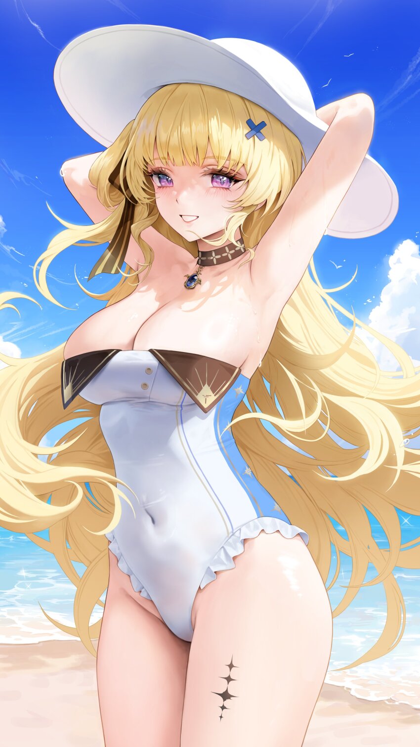 1girl absurdres armpits arms_behind_head beach black_choker blonde_hair blue_gemstone blue_sky blush breasts choker cleavage cloud commentary covered_navel day dora_(garyeong) gem hair_ornament hat highleg highleg_one-piece_swimsuit highres large_breasts long_hair looking_at_viewer one-piece_swimsuit outdoors phoebe_(wuthering_waves) purple_eyes simple_bird sky smile solo standing strapless strapless_one-piece_swimsuit sun_hat swimsuit symbol-only_commentary tacet_mark_(wuthering_waves) very_long_hair water wet white_hat white_one-piece_swimsuit wuthering_waves x_hair_ornament