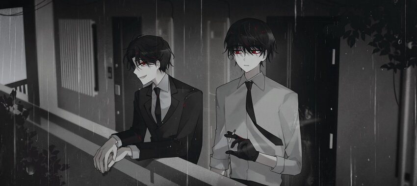 2boys black_gloves black_hair black_pants black_suit collared_shirt eyeshadow facing_to_the_side facing_viewer formal_clothes gloves grey_shirt highres ino_(1hjzuy) leaf long_sleeves looking_at_another makeup male_focus multiple_boys ooe_(game) oosaki_(ooe) open_mouth pants parted_lips rain red_eyes red_eyeshadow shirt short_hair smile smoking suit takeshiba_(ooe)