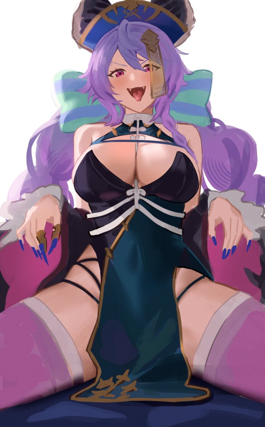 1girl animal_ears bare_shoulders between_breasts blue_nails bow breasts cleavage covered_navel detached_sleeves dress fangs ghost_pose granblue_fantasy hair_bow highres large_breasts long_hair nuykkif ofuda ofuda_on_head open_mouth pelvic_curtain pink_eyes pink_thighhighs purple_hair satyr_(granblue_fantasy) satyr_(halloween)_(granblue_fantasy) simple_background sitting sleeveless sleeveless_dress solo spread_legs strap_between_breasts thighhighs tongue tongue_out unfinished v-shaped_eyebrows white_background