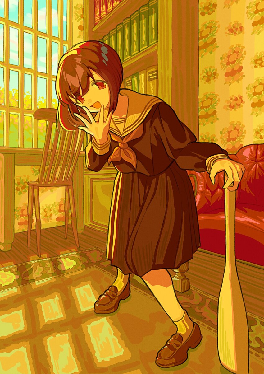 1girl black_serafuku black_shirt black_skirt bookshelf brown_footwear brown_hair chair couch full_body hand_to_own_mouth hand_up highres holding indoors kagenoyuhi light_smile loafers long_sleeves looking_at_viewer neckerchief orange_neckerchief original outdoors pleated_skirt red_eyes rug sailor_collar school_uniform serafuku shirt shoes short_hair skirt solo standing wallpaper_(object) white_sailor_collar window