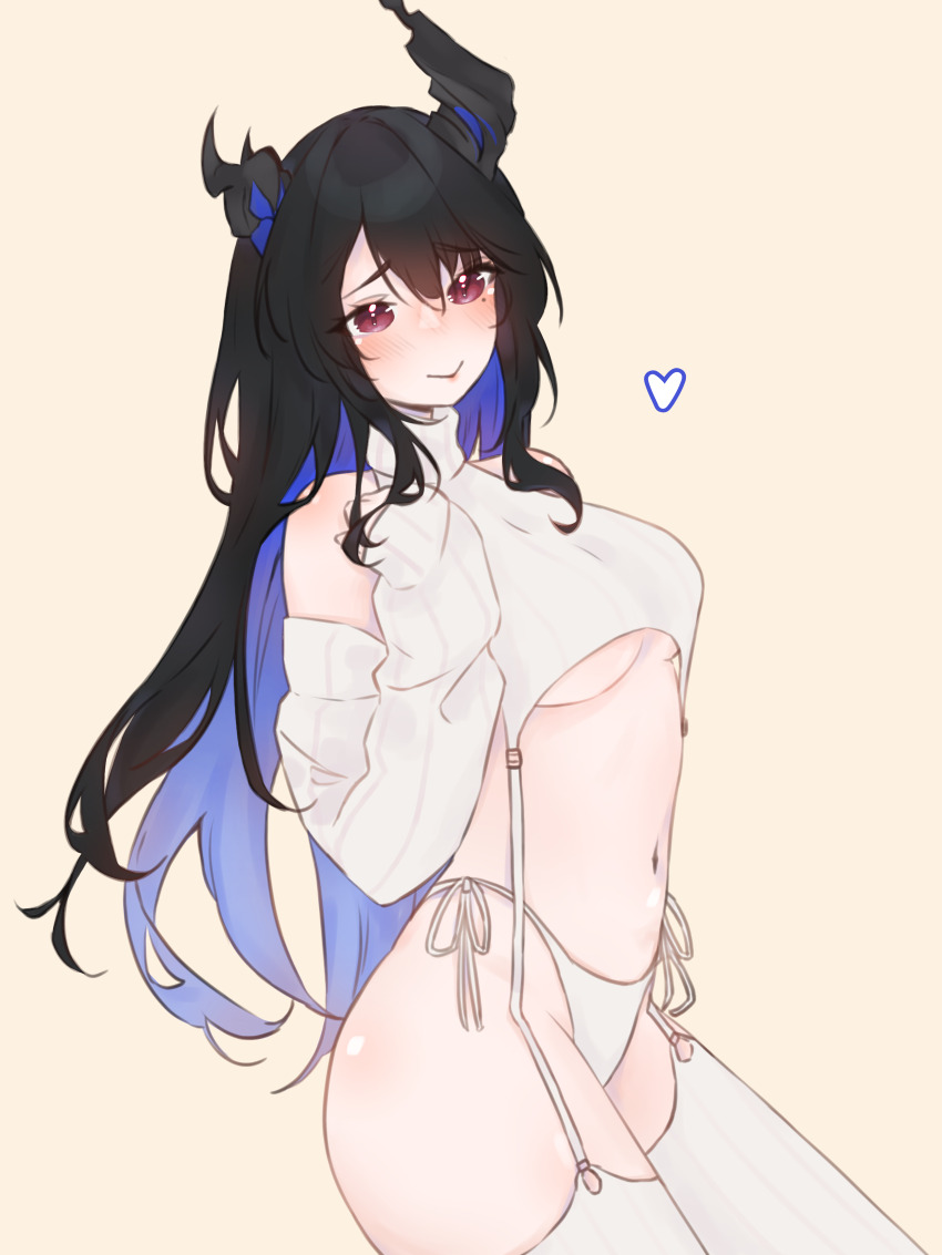 1girl :&gt; absurdres asymmetrical_horns bare_shoulders black_hair black_horns blue_hair blush breasts closed_mouth colored_inner_hair contrapposto cowboy_shot detached_sleeves forehead garter_straps hand_up heart highres hololive hololive_english horns hoshiiii_art long_hair long_sleeves looking_at_viewer medium_breasts meme_attire mole mole_under_eye multicolored_hair navel nerissa_ravencroft no_nose panties parted_bangs purple_eyes ribbed_sleeves side-tie_panties sidelocks simple_background sleeves_past_wrists smile solo sweater thighhighs thighs turtleneck turtleneck_sweater two-tone_hair underboob underwear uneven_horns virgin_destroyer_sweater virtual_youtuber white_panties white_sleeves white_thighhighs yellow_background