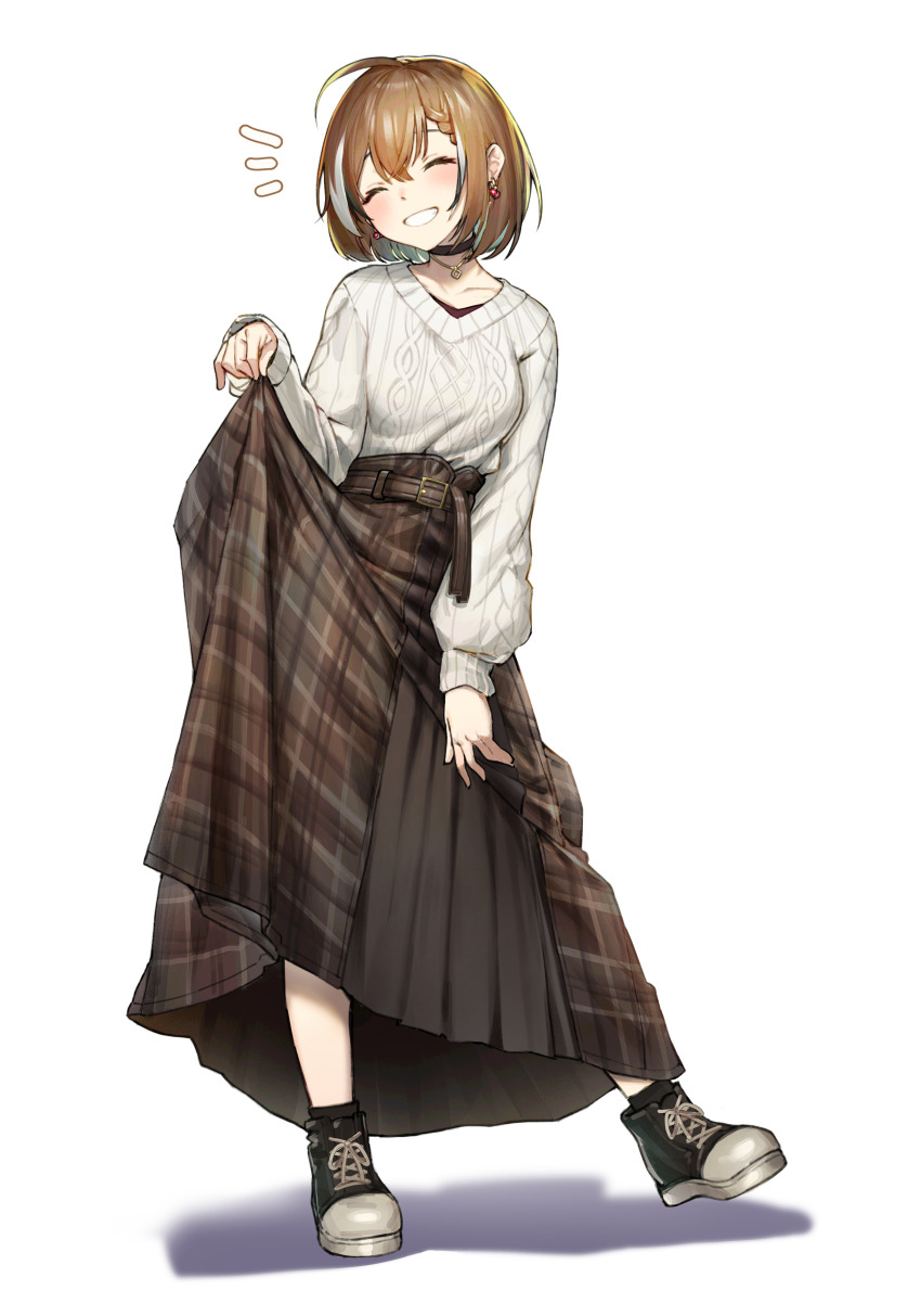 1girl absurdres ahoge aran_sweater belt berry black_choker brown_footwear brown_hair brown_skirt cable_knit choker closed_eyes commentary crossed_bangs earrings food-themed_earrings full_body grin high_tops highres hololive hololive_english jewelry long_skirt long_sleeves multicolored_hair nanashi_mumei nanashi_mumei_(casual) necklace notice_lines official_alternate_costume official_alternate_hairstyle plaid_clothes plaid_skirt pleated_skirt red_shirt shirt shoes simple_background skirt skirt_hold sleeves_past_wrists smile sneakers solo streaked_hair sweater tenchi_mayo virtual_youtuber white_sweater