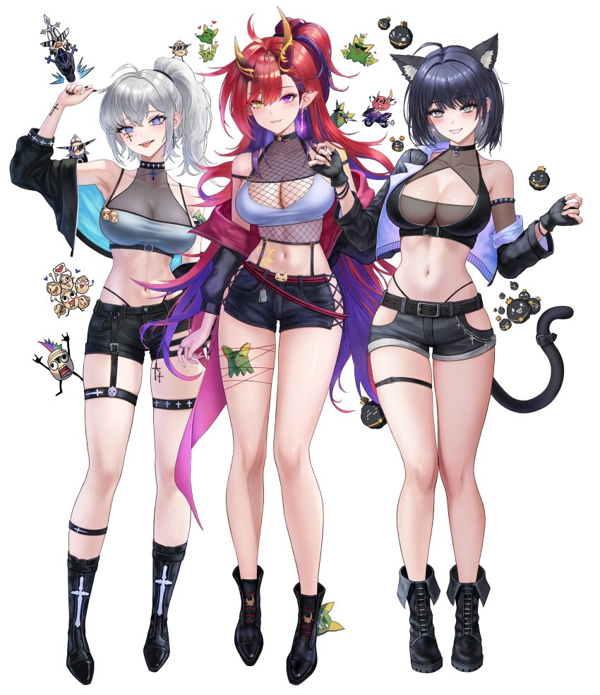 3girls absurdres ahoge alternate_costume animal_ears ankle_strap arm_strap arm_up armpits bangle bare_legs bare_shoulders belt black_choker black_footwear black_gloves black_hair black_jacket black_nails black_shirt black_shorts boots bracelet breasts cat_ears cat_girl cat_tail choker cleavage cleavage_cutout clothing_cutout collarbone colored_inner_hair crop_top cropped_jacket cross cross-shaped_pupils cross_choker cross_earrings denim denim_shorts ear_piercing earrings eruthu extra_ears facial_mark fang fangs fingerless_gloves fishnets full_body gloves grey_eyes grey_shirt grin half_updo hands_up heterochromia highleg highres hip_vent holding holding_own_hair jacket jewelry knee_boots kurenai_natsuki_(vtuber) large_breasts leg_tattoo long_hair long_sleeves looking_at_viewer midriff mole mole_under_eye multicolored_hair multiple_girls nail_polish navel off_shoulder open_clothes open_jacket open_mouth panty_straps piercing pointy_ears ponytail purple_eyes purple_hair purple_nails red_hair ring see-through_cleavage see-through_clothes shirt short_hair short_shorts shorts sideless_outfit sidelocks simple_background skindentation sleeveless sleeveless_shirt smile spaghetti_strap standing stardays stomach stomach_tattoo suspenders symbol-shaped_pupils tail tail_belt tattoo taut_clothes taut_shirt terri_nunna thigh_strap thighs tongue tongue_out two-tone_hair van_(stardays) very_long_hair virtual_youtuber white_background white_hair white_shirt yellow_eyes