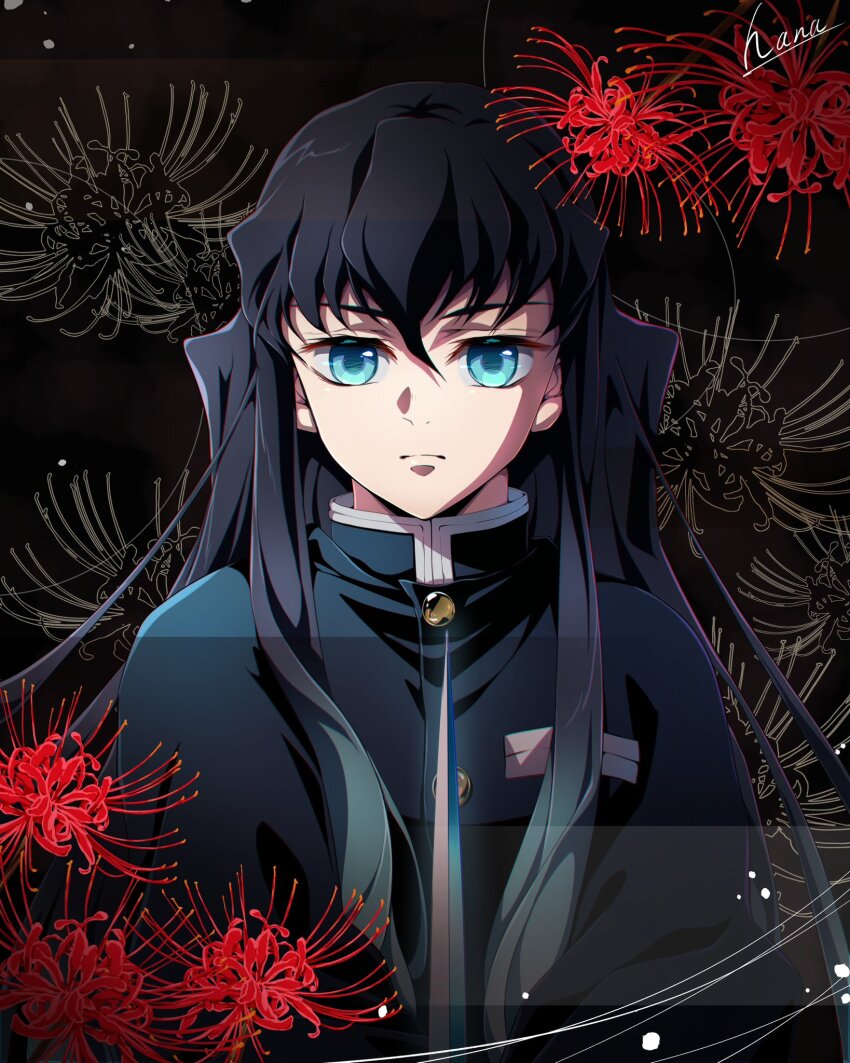 1boy aqua_eyes aqua_hair black_background black_hair buttons closed_mouth demon_slayer_uniform flower hana_ni_nare highres kimetsu_no_yaiba long_hair looking_at_viewer male_focus multicolored_hair red_flower signature simple_background solo spider_lily tokitou_muichirou upper_body