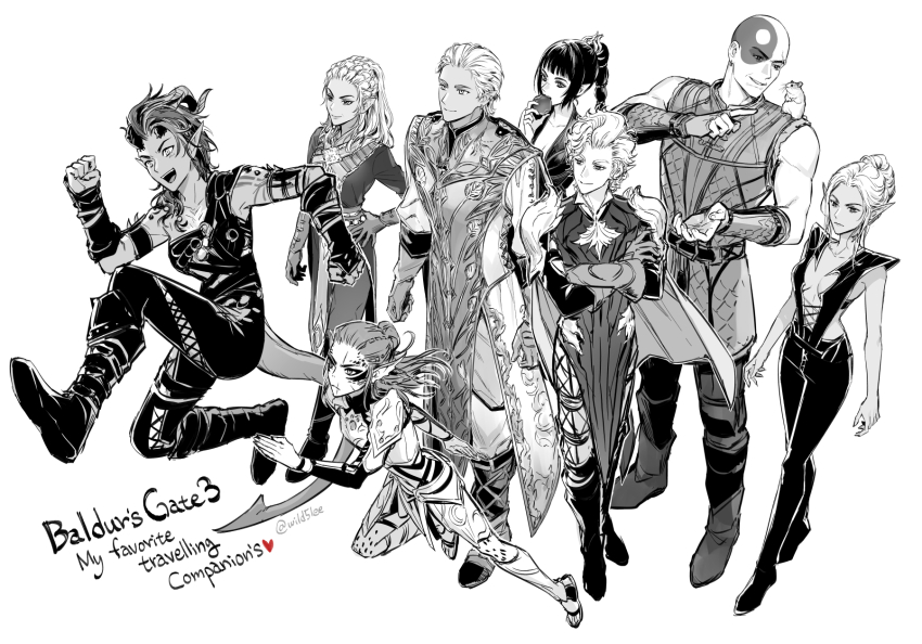 3boys 5girls :d armor astarion baldur&#039;s_gate baldur&#039;s_gate_3 boo_(baldur&#039;s_gate) boots chest_harness clenched_hands copyright_name crossed_arms demon_girl demon_horns demon_tail dungeons_&amp;_dragons eating elbow_gloves elf everyone facial_tattoo food from_above fruit full_body gith_(dungeons_&amp;_dragons) gloves greyscale group_picture hair_bun hamster hamster_on_shoulder hand_on_own_hip harness highres holding holding_food holding_fruit horns jaheira jumping karlach lae&#039;zel medium_hair minsc minthara monochrome multiple_boys multiple_girls open_mouth pants pauldrons pointy_ears robe shadowheart_(baldur&#039;s_gate) short_hair shoulder_armor signature simple_background single_hair_bun smile standing tail tattoo tav_(baldur&#039;s_gate) tiefling twitter_username walking white_background wild5lee