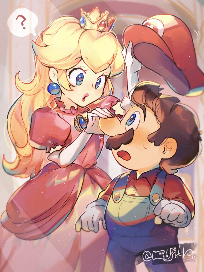 1boy 1girl ? absurdres blonde_hair blue_eyes blue_overalls brooch brown_hair collared_shirt commentary_request crown dress earrings elbow_gloves facial_hair gloves hanaon hat highres jewelry looking_at_another mario mario_(series) mini_crown mustache nintendo nose_grab overalls pearl_earrings pink_dress princess_peach shirt sphere_earrings spoken_question_mark sweatdrop the_super_mario_bros._movie unworn_headwear white_gloves