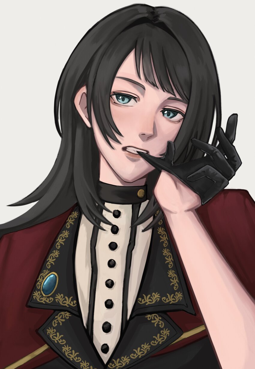 1girl absurdres bang_dream! bang_dream!_it&#039;s_mygo!!!!! black_gloves black_hair blue_eyes capelet clenched_teeth commentary glove_in_mouth gloves highres long_hair looking_at_viewer mouth_hold red_capelet removing_glove shirt sidelocks simple_background solo teeth timoris_(bang_dream!) upper_body w_(juusepx) white_background white_shirt yahata_umiri