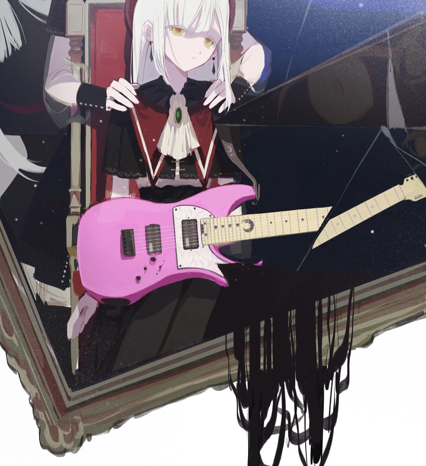 2girls absurdres ascot bang_dream! bang_dream!_it&#039;s_mygo!!!!! beret black_capelet capelet chinese_commentary commentary_request crack dual_persona earrings electric_guitar empty_eyes expressionless green_brooch green_hair guitar hands_on_another&#039;s_shoulders hat highres instrument jewelry long_hair long_sleeves mortis_(bang_dream!) multiple_girls on_chair out_of_frame picture_frame red_hat see-through_clothes see-through_sleeves sidelocks sitting standing wakaba_mutsumi white_ascot wudougewang yellow_eyes