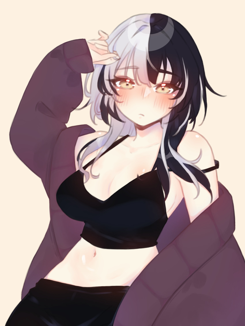 1girl absurdres black_camisole black_hair black_pants blush breasts camisole cardigan cleavage closed_mouth grey_hair highres hololive hololive_english hoshiiii_art large_breasts long_hair looking_at_viewer multicolored_hair navel pants purple_cardigan shiori_novella simple_background solo split-color_hair two-tone_hair virtual_youtuber yellow_background yellow_eyes