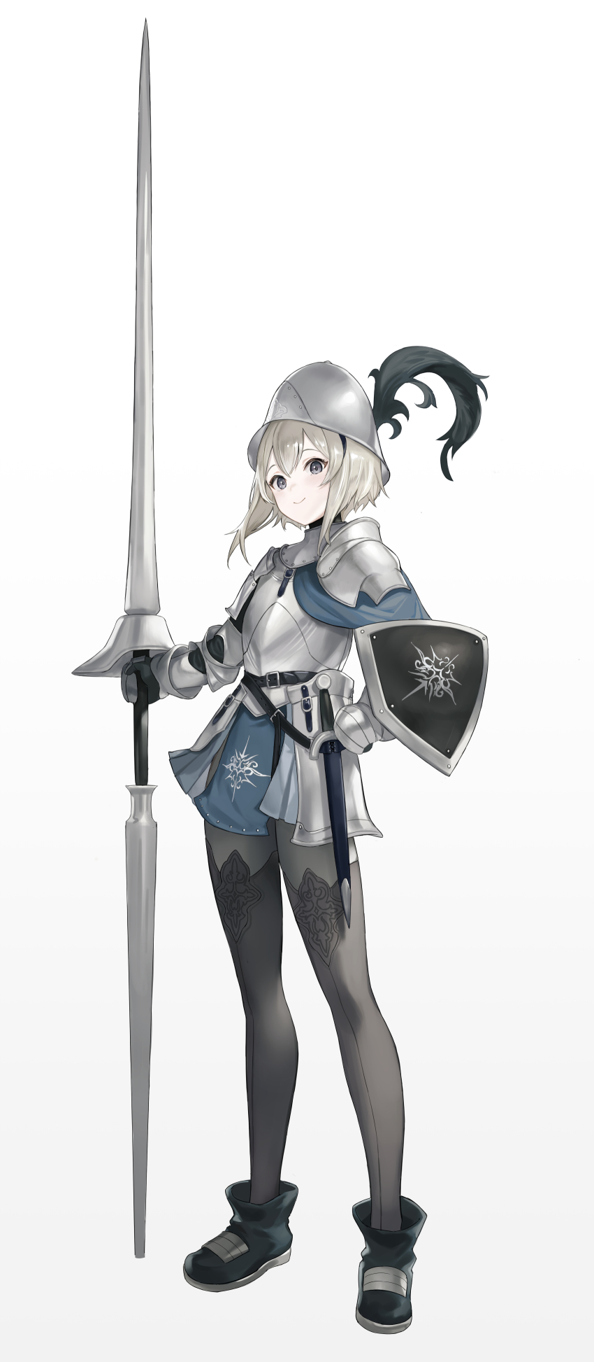 1girl absurdres armor black_footwear breastplate closed_mouth couter full_body gauntlets gorget grey_eyes grey_hair hand_on_own_hip helmet highres holding holding_weapon km_yama lance looking_at_viewer original pauldrons plume polearm rerebrace shield shoes short_hair short_sword shoulder_armor simple_background smile solo sword tassets vambraces weapon white_background