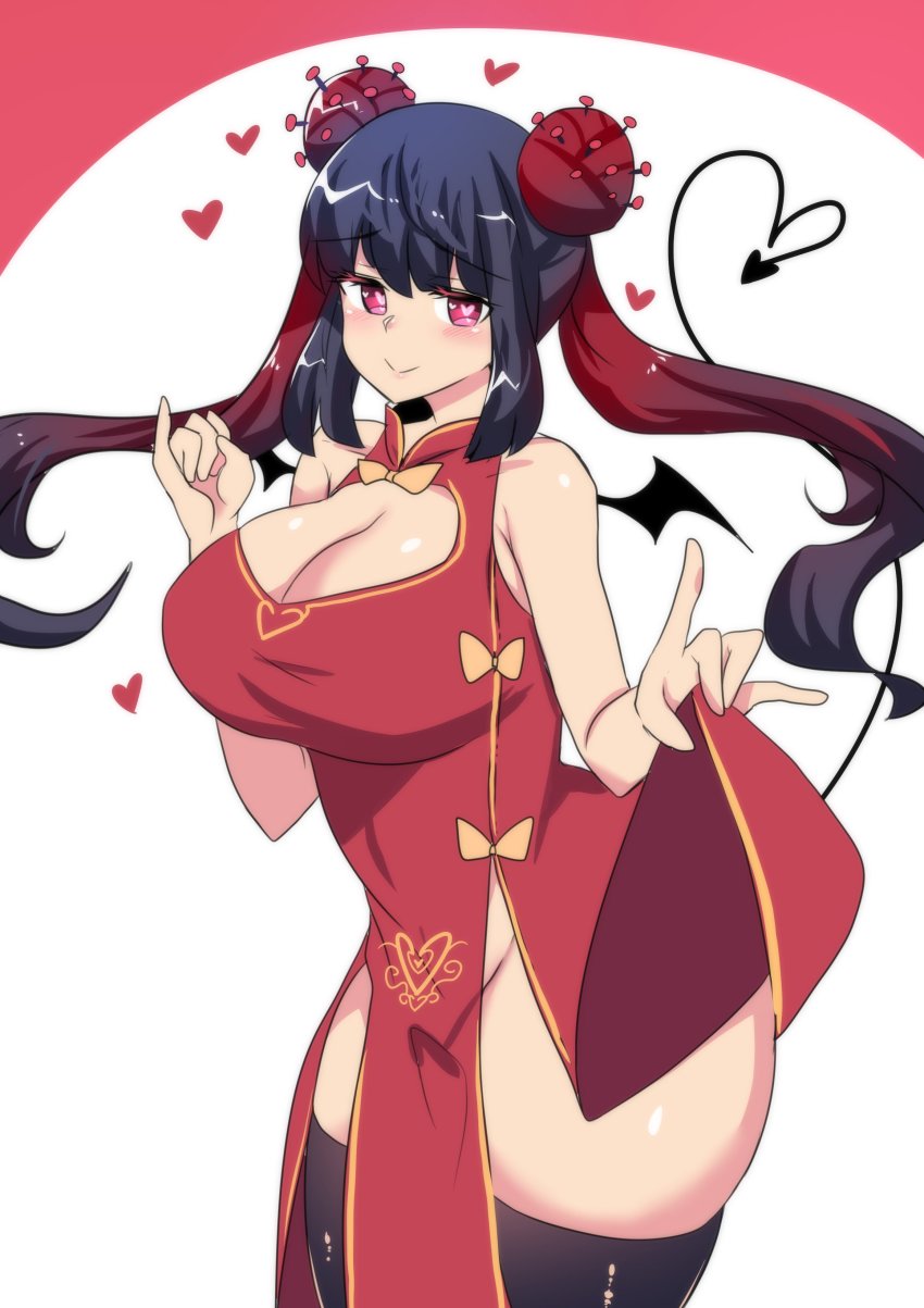 1girl absurdres bat_wings black_hair breasts china_dress chinese_clothes cleavage cleavage_cutout clothes_lift clothing_cutout corona-chan coronavirus demon_tail double_bun dress hair_bun heart heart-shaped_pupils highres hinghoi large_breasts lifting_own_clothes long_hair looking_at_viewer multicolored_hair no_panties original personification pink_eyes red_hair skindentation skirt skirt_lift solo streaked_hair symbol-shaped_pupils tail thighhighs thighs twintails white_background wide_hips wings