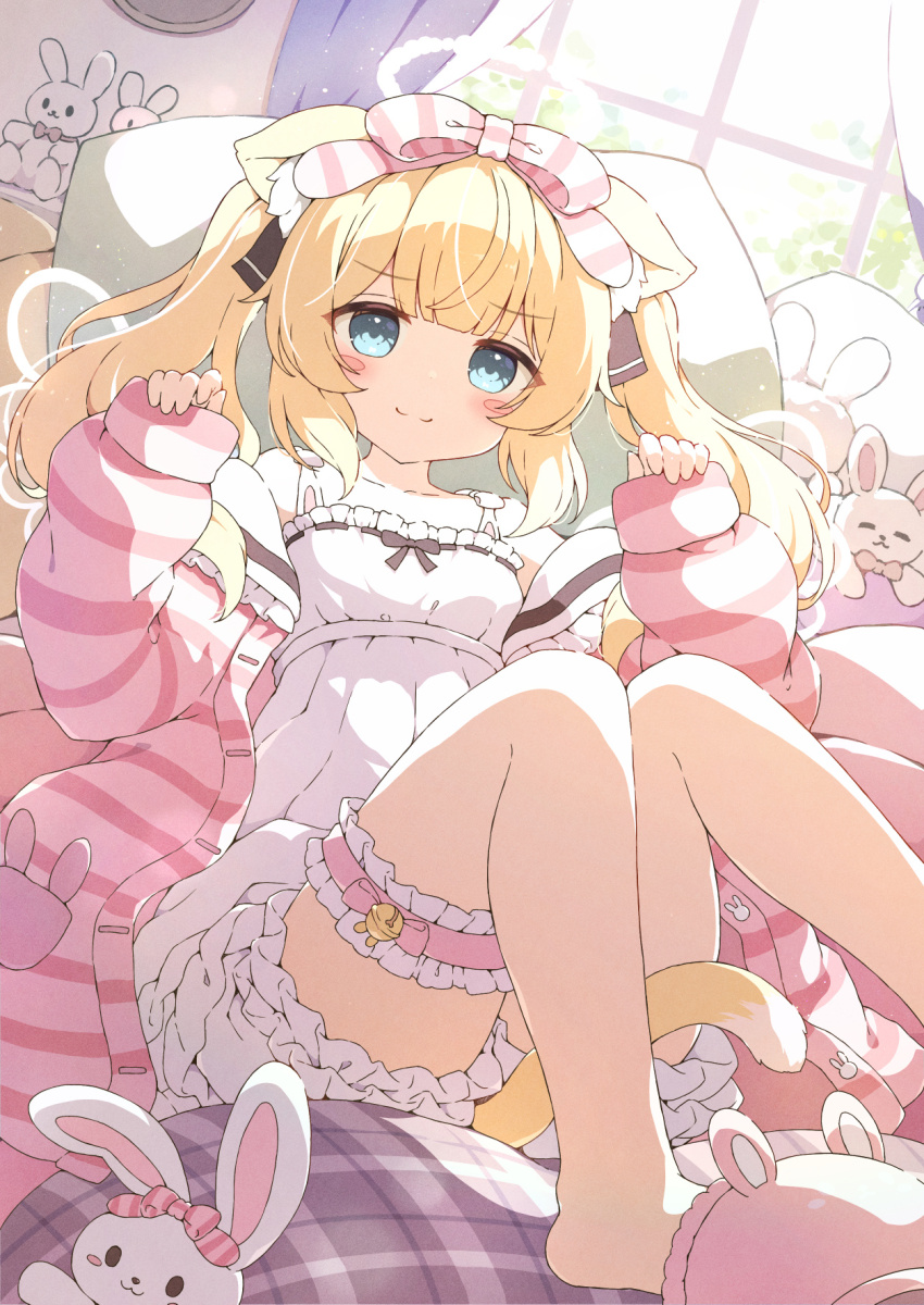 1girl ahoge animal_ear_fluff animal_ears animal_slippers aqua_eyes bare_shoulders bed_sheet blonde_hair blunt_bangs blush blush_stickers bow bridal_garter brown_ribbon cat_ears cat_girl cat_tail closed_mouth commission day dress dutch_angle feet_out_of_frame frilled_dress frills hair_bow highres hood hoodie indoors long_hair looking_at_viewer on_bed original paw_pose pink_bow pink_hoodie ribbon sidelocks single_slipper sitting skeb_commission slippers smile solo striped_clothes striped_hoodie stuffed_animal stuffed_rabbit stuffed_toy tail thighs twintails two_side_up tyomimas variant_set white_dress