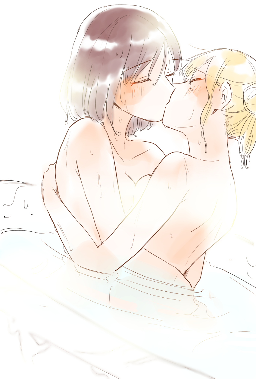 2girls absurdres bath blonde_hair blush breast_press breasts brown_hair claire_francois closed_eyes closed_mouth completely_nude from_side highres kikorinolily kiss medium_breasts multiple_girls nude rae_taylor short_hair sitting watashi_no_oshi_wa_akuyaku_reijou water wet white_background yuri