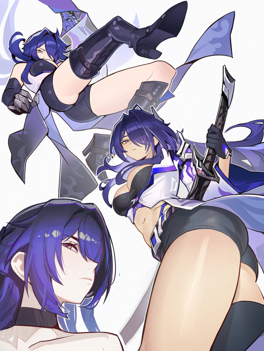 1girl acheron_(honkai:_star_rail) adversarial_noise alt_text belt black_belt black_choker black_gloves black_shorts boots breasts choker closed_mouth coat commentary distr english_commentary gloves hair_ornament hair_over_one_eye highres holding holding_sword holding_weapon honkai:_star_rail honkai_(series) knee_boots large_breasts long_hair looking_at_viewer multiple_views navel paid_reward_available parted_lips purple_eyes purple_hair scabbard sheath sheathed shorts simple_background single_knee_boot single_thigh_boot stomach sword thigh_boots thighs weapon white_background white_coat