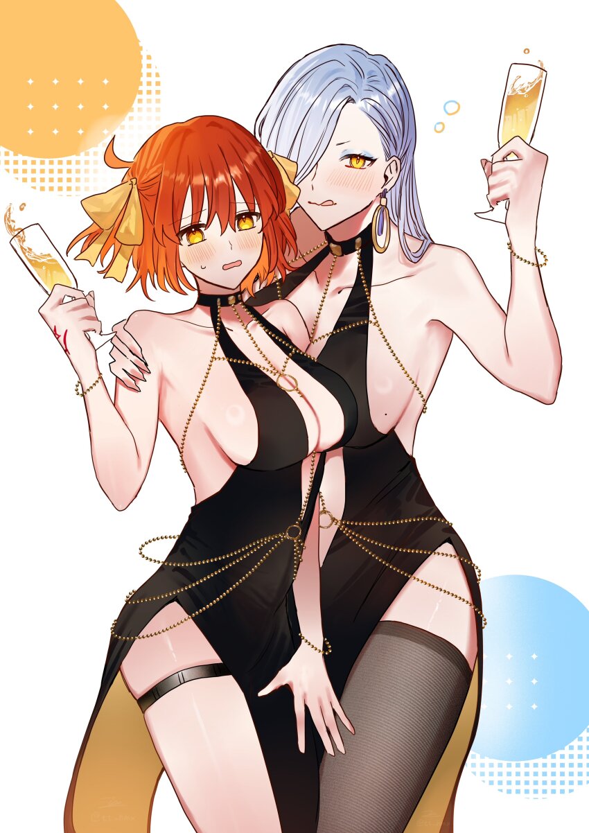 2girls absurdres ahoge alcohol bare_shoulders bb_(fate) bb_dubai_(fate) belly_chain black_dress blush bracelet breasts brown_thighhighs center_opening champagne champagne_flute choker cleavage collarbone cup dress drinking_glass earrings eyeliner fate/grand_order fate_(series) fujimaru_ritsuka_(female) hair_over_one_eye hair_ribbon highres hoop_earrings jewelry large_breasts licking_lips long_hair looking_at_viewer makeup multiple_girls necklace mrs._snake_(fate) one_side_up open_mouth orange_eyes orange_hair ribbon short_hair side_slit sideboob smile thighhighs thighs tongue tongue_out tt_hmx white_hair yellow_eyes yellow_ribbon