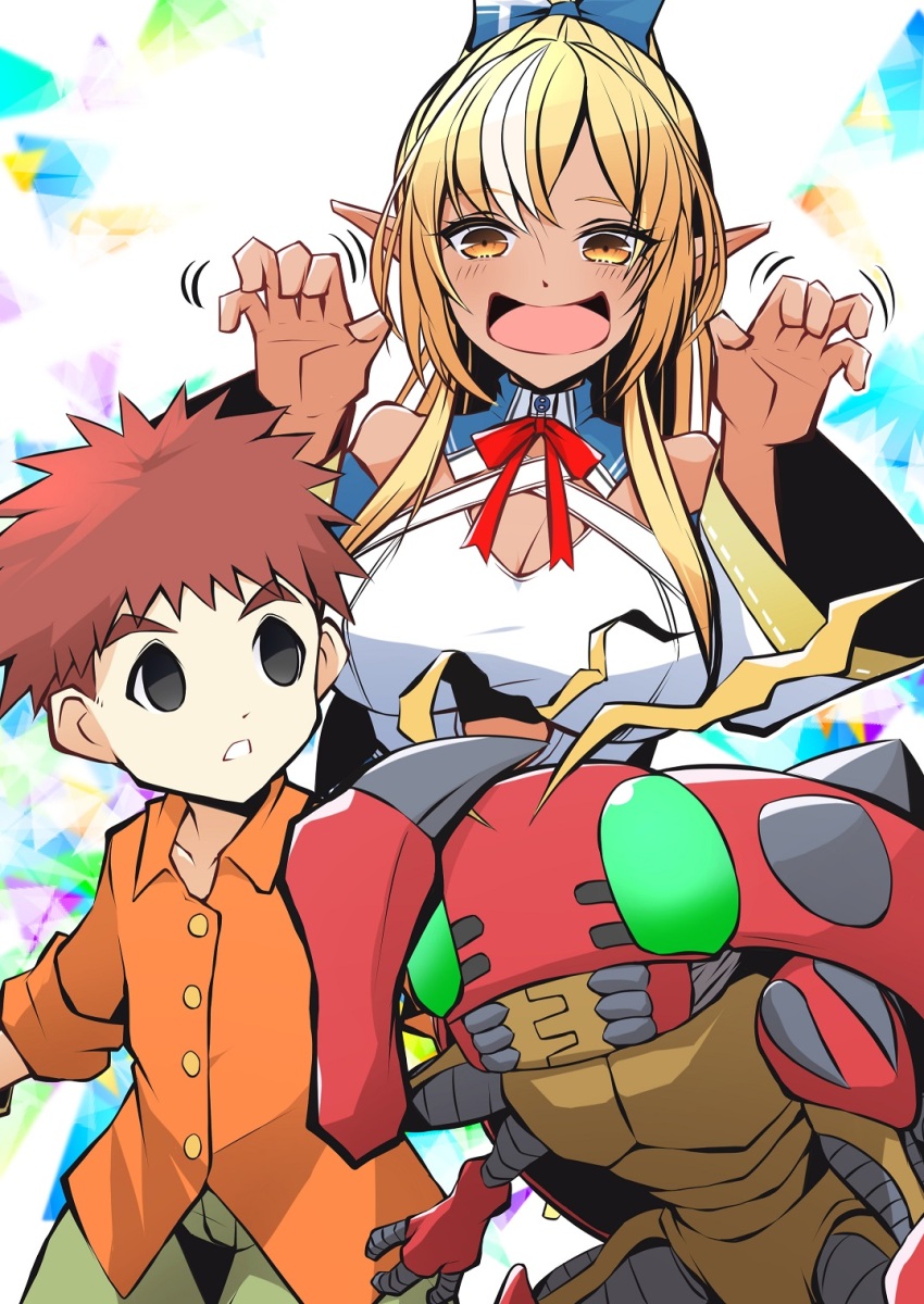 1boy 1girl antennae bare_shoulders black_eyes blank_eyes blonde_hair blue_bow bow breasts cleavage collarbone collared_shirt colored_skin commentary_request crossover dark-skinned_female dark_skin detached_sleeves digimon digimon_(creature) digimon_adventure dot_nose elf green_eyes green_pants hair_bow hands_up highres hololive izumi_koshiro large_breasts long_hair long_pointy_ears long_sleeves looking_at_another mitosupa_(qsiqydfz7nesh9w) multicolored_background multicolored_hair no_pupils open_mouth orange_shirt pale_skin pants parted_bangs pointy_ears red_hair red_ribbon red_skin ribbon shell shiranui_flare shiranui_flare_(1st_costume) shirt short_hair tentomon thick_eyebrows torn_clothes two-tone_hair upper_body virtual_youtuber white_hair white_mouth wide_sleeves yellow_background