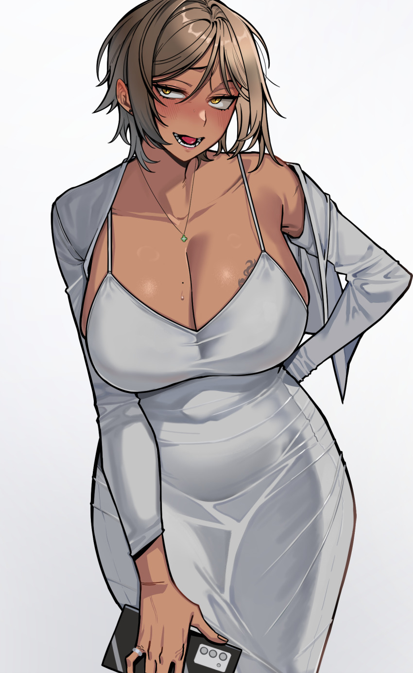 1girl blush breast_tattoo breasts brown_hair cellphone cleavage dark-skinned_female dark_skin dongtan_dress dress earrings four-leaf_clover_necklace grey_dress grey_jacket hair_between_eyes highres holding holding_phone jacket jewelry limbus_company looking_at_viewer lower_teeth_only mature_female meme_attire mole mole_on_breast open_mouth outis_(project_moon) phone project_moon raised_eyebrow rhlatm ring short_hair simple_background single_off_shoulder skindentation smartphone solo stud_earrings sweat tattoo taut_clothes taut_dress teeth white_background yellow_eyes