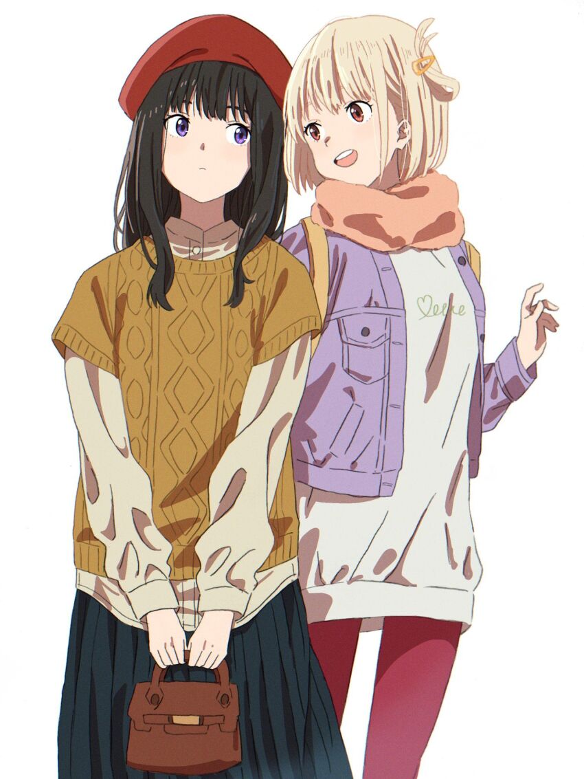 2girls alternate_costume bag beanie black_hair blonde_hair blue_skirt brown_bag buttons closed_mouth clothes_writing collared_shirt cowboy_shot denim denim_jacket expressionless eyelashes hair_ornament hairclip hand_up handbag happy hat heart heart_of_string highres holding holding_bag inoue_takina jacket layered_sleeves light_frown long_hair long_sleeves looking_at_another lycoris_recoil multiple_girls nishikigi_chisato open_clothes open_jacket open_mouth orange_scarf pantyhose pleated_skirt pocket purple_eyes purple_jacket red_eyes red_hat red_pantyhose scarf shirt short_hair short_over_long_sleeves short_sleeves sidelocks simple_background single_hair_ring skirt smile straight_hair sweater teeth to9_722 upper_teeth_only white_background white_shirt white_sweater yellow_sweater