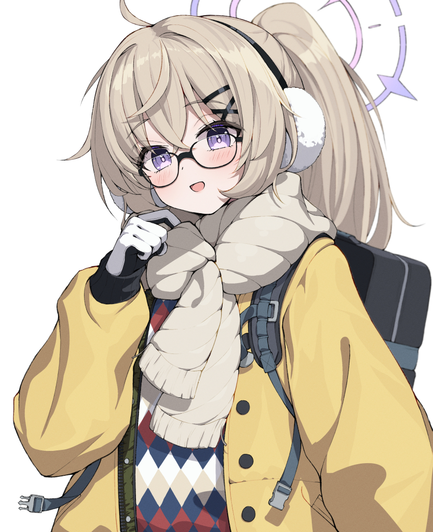 1girl absurdres backpack bag black-framed_eyewear black_gloves blonde_hair blue_archive blush earmuffs glasses gloves halo highres jacket kotama_(blue_archive) kotama_(camp)_(blue_archive) long_hair long_sleeves looking_at_viewer okayusonmu open_clothes open_jacket open_mouth purple_eyes purple_halo scarf simple_background smile solo upper_body white_background white_scarf yellow_jacket