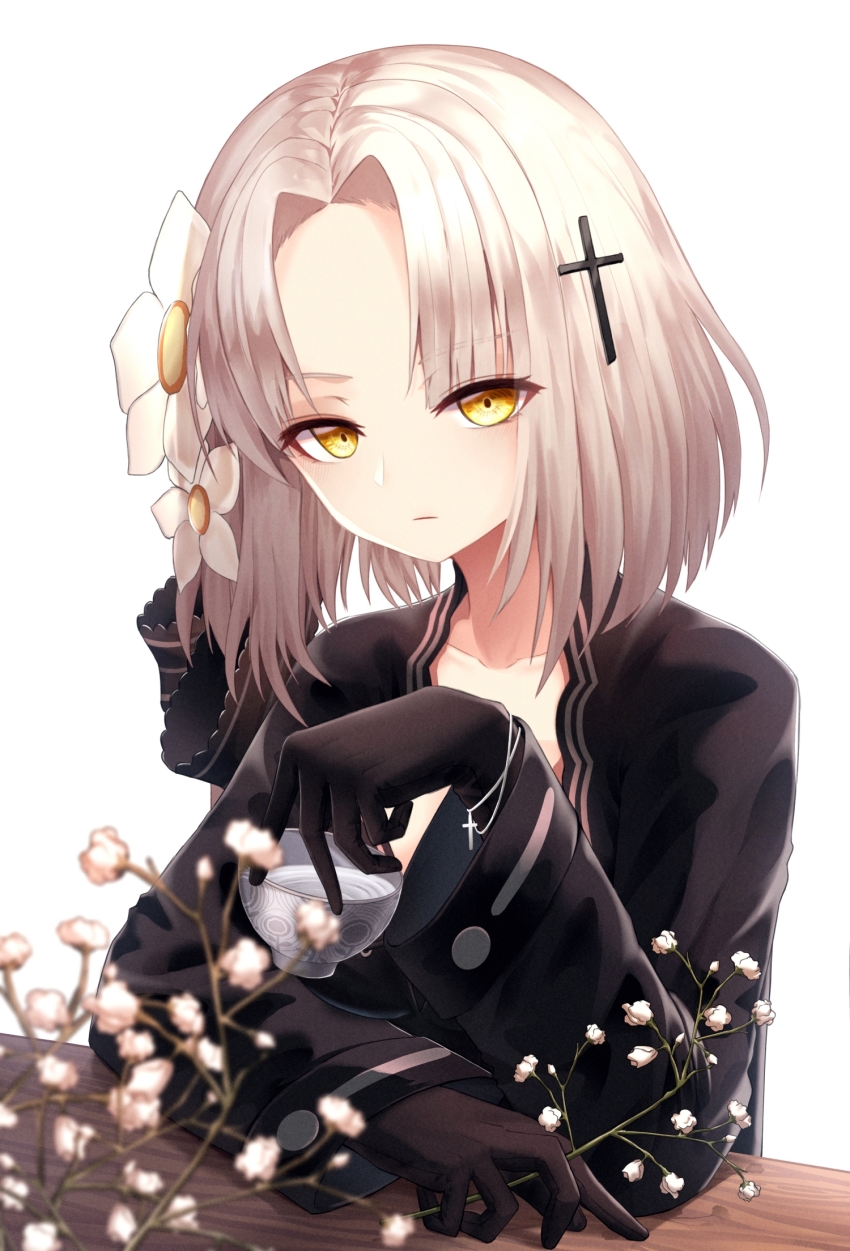 1girl alcohol aug_(girls&#039;_frontline) bad_id bad_pixiv_id black_gloves branch closed_mouth collarbone commentary cross cup expressionless flower girls&#039;_frontline gloves hair_flower hair_ornament hair_ribbon highres holding holding_branch holding_cup long_sleeves looking_at_viewer myung_yi revision ribbon short_hair silver_hair simple_background solo table upper_body white_background wooden_table yellow_eyes