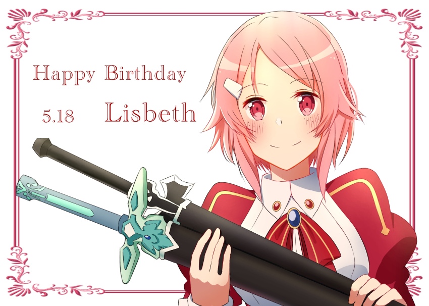 1girl blush character_name closed_mouth dark_repulser elucidator enokimo_me freckles hair_ornament hairclip happy_birthday highres holding holding_sheath lisbeth_(sao) long_sleeves looking_at_viewer neck_ribbon parted_bangs pink_hair red_eyes red_ribbon ribbon sheath sheathed short_hair smile solo striped_ribbon sword sword_art_online upper_body weapon white_background