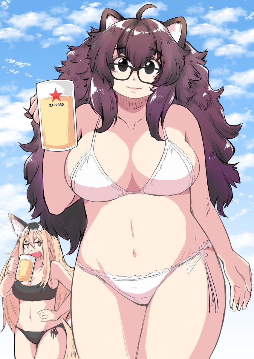 2girls absurdres alcohol animal_ears beer bikini black_bikini blue_sky breasts brown_hair glasses hadashi_no_kenji highres large_breasts long_hair multicolored_hair multiple_girls navel original outdoors plump side-tie_bikini_bottom sky standing swimsuit two-tone_hair white_bikini