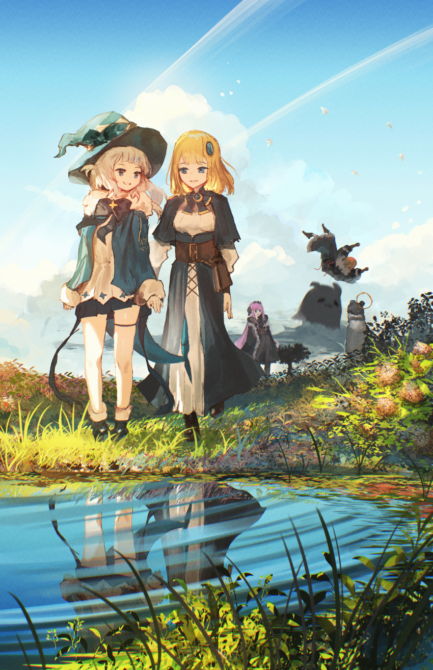 4girls absurdres advarcher alternate_costume belt blonde_hair blue_eyes brown_belt character_request cloud commentary contrail copyright_request day dress english_commentary flappy_hat flower garter_belt gawr_gura grass grin hat highres hololive hololive_english leaf long_dress mori_calliope multiple_girls outdoors pink_hair reflection reflective_water shirt sky smile standing takanashi_kiara takodachi_(ninomae_ina&#039;nis) thigh_strap tree virtual_youtuber water watson_amelia white_shirt witch_hat