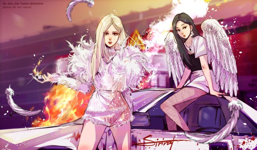 2girls blackpink blonde_hair car commentary dress earrings english_commentary feathers fire fishnet_pantyhose fishnets instagram_username intasirin jennie_(blackpink) jewelry k-pop long_hair long_sleeves looking_at_viewer mixed-language_commentary motor_vehicle multiple_girls necklace pantyhose rose_(blackpink) short_sleeves signature thai_commentary twitter_username white_dress white_wings wings