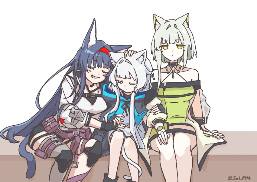 1other 4girls amiya_(arknights) animal_ear_fluff animal_ears animated animated_gif arknights arm_support ascot belt black_coat black_gloves black_shorts blaze_(arknights) blinking blue_ascot blue_eyes blue_hair blue_jacket blue_skirt blush brown_pantyhose cat_ears cat_girl cat_tail closed_eyes coat commentary cowboy_shot doctor_(arknights) dress ear_wiggle gloves green_dress green_eyes grey_dress grey_thighhighs hairband hand_on_another&#039;s_head highres holding holding_another&#039;s_arm holding_hands holding_tablet_pc hood hood_up hooded_coat infection_monitor_(arknights) jacket jewelry joul_0704 kal&#039;tsit_(arknights) knee_pads long_hair material_growth multiple_belts multiple_girls multiple_rings oripathy_lesion_(arknights) pantyhose petting pleated_skirt ponytail rabbit_ears rabbit_girl red_hairband ring rosmontis_(arknights) shirt short_hair shorts sidelocks signature simple_background single_thighhigh sitting skirt sleeping sleeping_upright sleepy surprised tablet_pc tail thigh_strap thighhighs watch white_background white_coat white_hair white_jacket white_shirt wristwatch