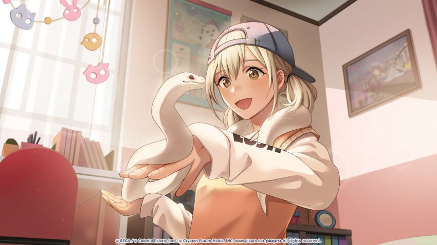 1girl albino amusement_park animal azusawa_kohane baseball_cap blonde_hair book bookshelf brown_eyes calendar_(object) chair clock commentary copyright_name count_pearl_(project_sekai) crypton_future_media curtains desk english_commentary hair_between_eyes hat highres holding holding_animal kadeart looking_at_animal official_art open_mouth orange_sweater_vest piapro picture_frame project_sekai red_eyes reverse_outfit second-party_source sega sidelocks smile snake snake_on_shoulder snake_wrapped_around_neck solo sweater sweater_vest twintails upper_body white_snake white_sweater