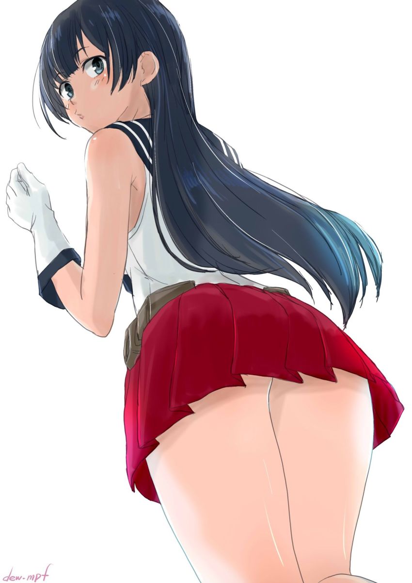 1girl agano_(kancolle) bare_shoulders black_hair black_sailor_collar blush gloves green_eyes highres kantai_collection kote_(dew) long_hair one-hour_drawing_challenge pleated_skirt red_skirt sailor_collar school_uniform serafuku signature simple_background skirt solo twitter_username white_background white_gloves