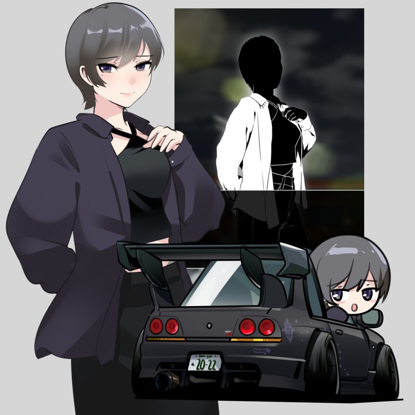 1girl absurdres black_jacket black_shirt car chibi chibi_inset criss-cross_halter driving eternal_polaris grey_hair halterneck hand_on_own_chest highres holeecrab jacket license_plate looking_back mole mole_under_eye motor_vehicle multiple_views nissan nissan_skyline nissan_skyline_gt-r nissan_skyline_r33 parted_lips purple_eyes reference_inset shadow shirt short_hair shutokou_battle shutokou_battle_(2025) spoiler_(automobile)