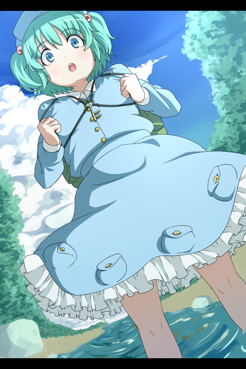 1girl :o female_focus hat highres kawashiro_nitori letterboxed nature omaehadareda-uso outdoors plant sky solo touhou two_side_up water