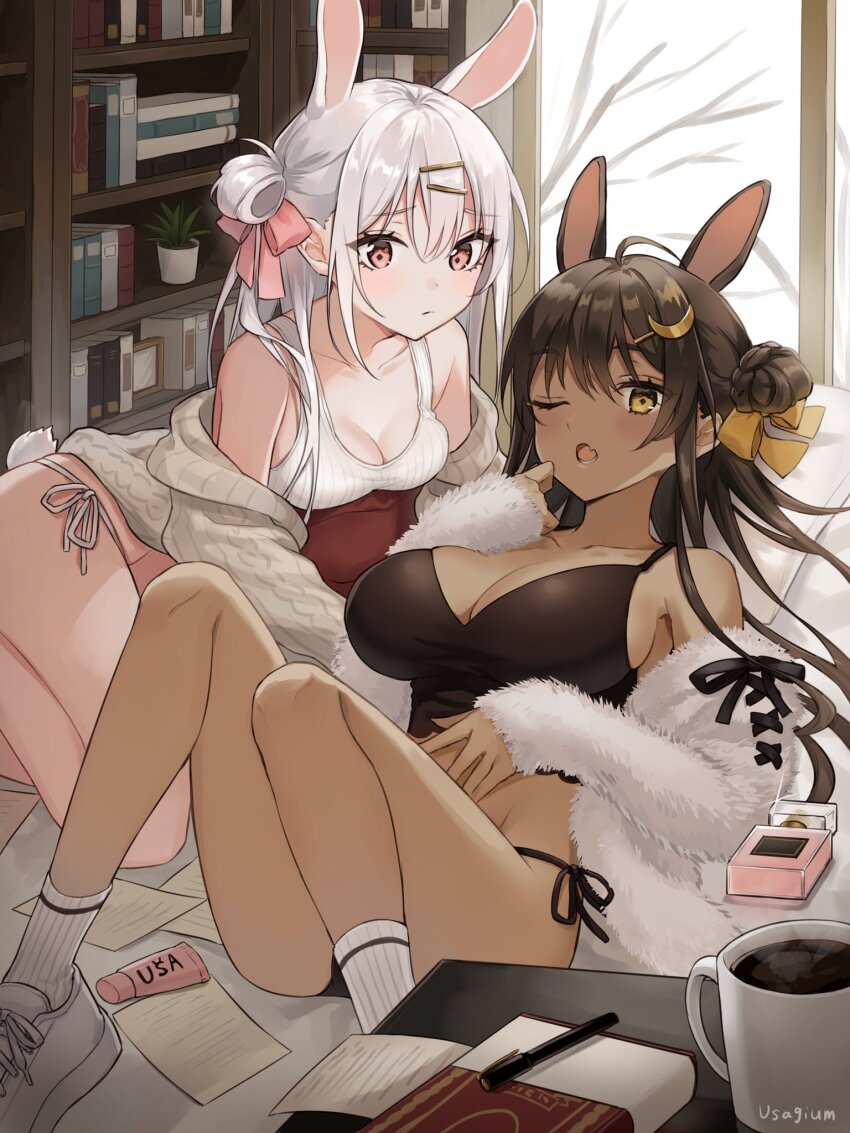 2girls animal_ears blush book breast_press breasts cardigan closed_mouth crescent crescent_hair_ornament cup dark-skinned_female dark_skin fang hair_bun hair_ornament hair_ribbon hairclip highres indoors large_breasts long_hair long_sleeves looking_at_viewer medium_breasts multiple_girls murata_konomin one_eye_closed orange_ribbon original panties paper parted_lips pink_eyes pink_ribbon plant potted_plant rabbit_ears rabbit_girl ribbon side-tie_panties single_side_bun sitting skin_fang socks underwear white_hair white_socks window