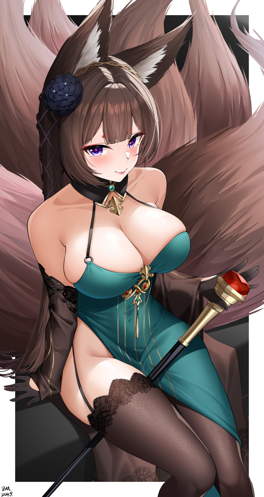 1girl absurdres amagi_(cv)_(azur_lane) amagi_(cv)_(throne_of_fallen_petals)_(azur_lane) animal_ears azur_lane bare_shoulders between_thighs black_flower black_gloves blue_dress blush breasts brown_hair cleavage commentary_request detached_sleeves dress eyeshadow flower fox_ears fox_girl fox_tail garter_straps gloves green_dress groin hair_between_eyes hair_flower hair_ornament half_gloves highres holding holding_staff jfzm001 kitsune knees_together_feet_apart lace lace-trimmed_legwear lace_trim large_breasts long_hair makeup multiple_tails no_panties purple_eyes red_eyeshadow sitting skindentation smile solo staff tail thighhighs thighs very_long_hair