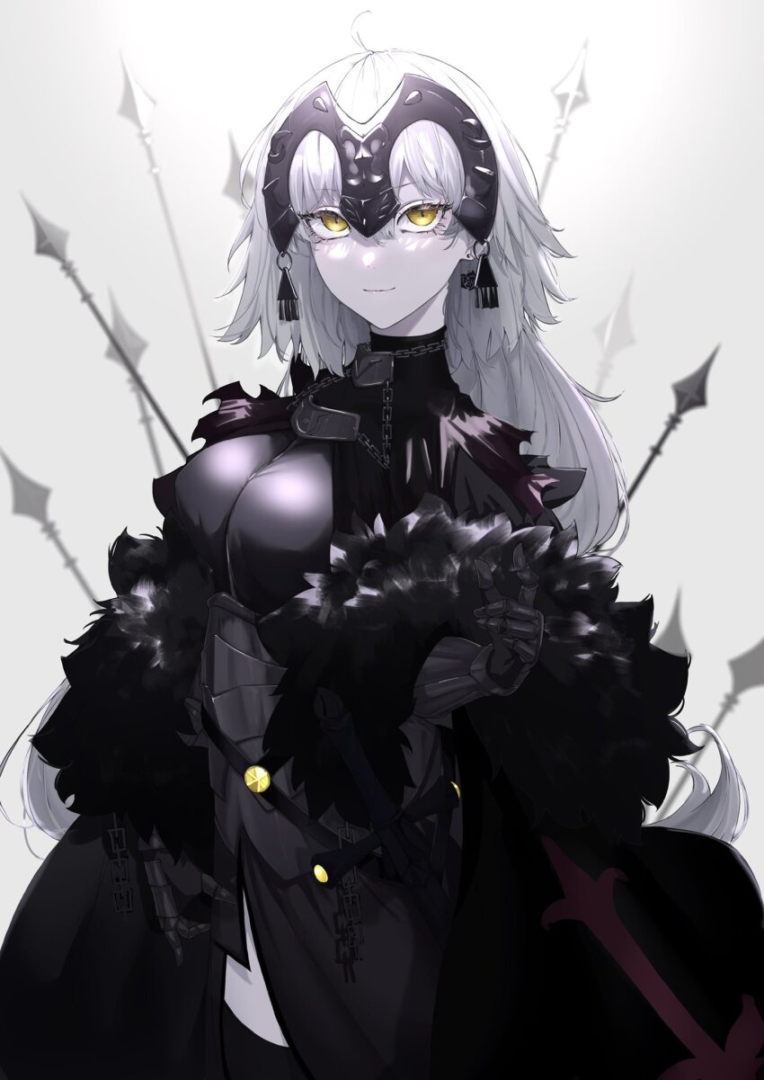 1girl ahoge armor armored_dress belt black_cape black_dress black_thighhighs breasts cape chain collar dress earrings fate/grand_order fate_(series) faulds fur_trim gauntlets gloves hair_between_eyes headpiece highres jeanne_d&#039;arc_alter_(fate) jewelry looking_at_viewer metal_collar plackart polearm ponytail ri_o_ne_su short_hair smile solo spear sword thighhighs weapon white_hair yellow_eyes