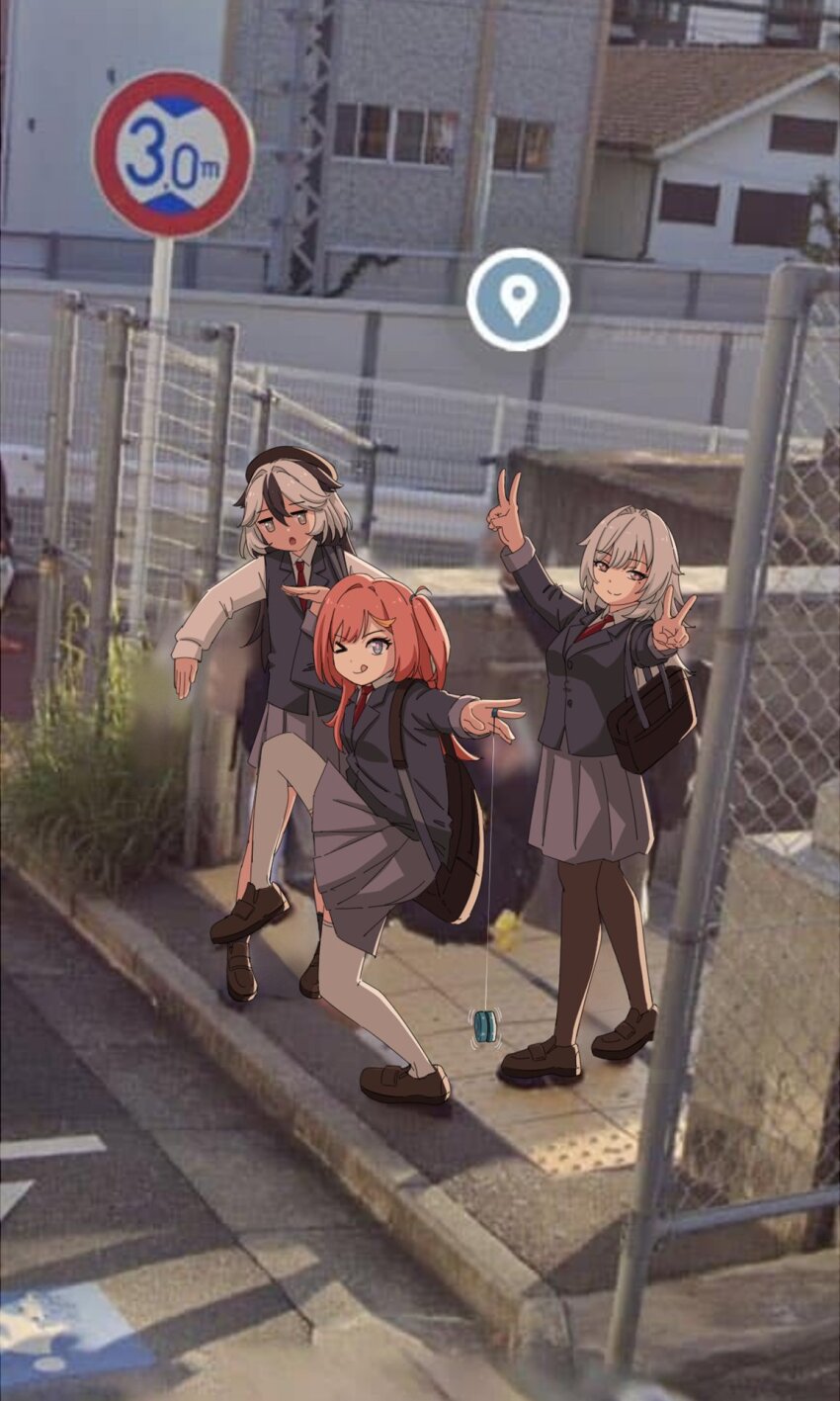 3girls bag black_jacket black_thighhighs blue_eyes coralie_(honkai_impact) double_v grey_eyes grey_hair grey_skirt helia_(honkai_impact) high_school_girls_posing_for_google_street_view_(meme) highres honkai_(series) honkai_impact_3rd jacket loafers long_hair long_sleeves looking_at_viewer meme multiple_girls necktie one_eye_closed open_mouth orange_hair plasbott red_necktie school_uniform senadina shoes shoulder_bag skirt standing standing_on_one_leg thighhighs v white_thighhighs yo-yo