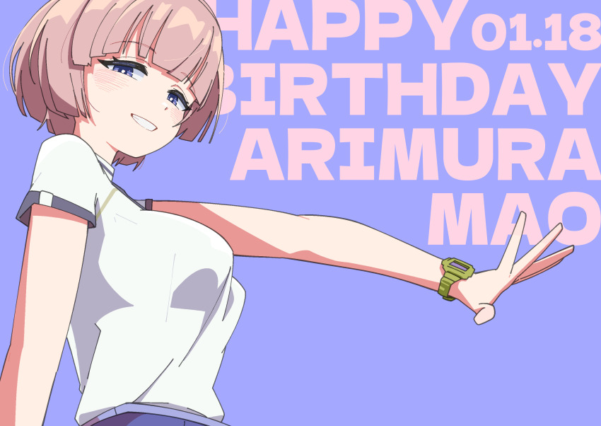 1girl arimura_mao blush breasts character_name gakuen_idolmaster grin happy_birthday highres idolmaster large_breasts looking_at_viewer medium_hair ohgi910 pink_hair purple_background purple_eyes shirt smile solo watch white_shirt wristwatch