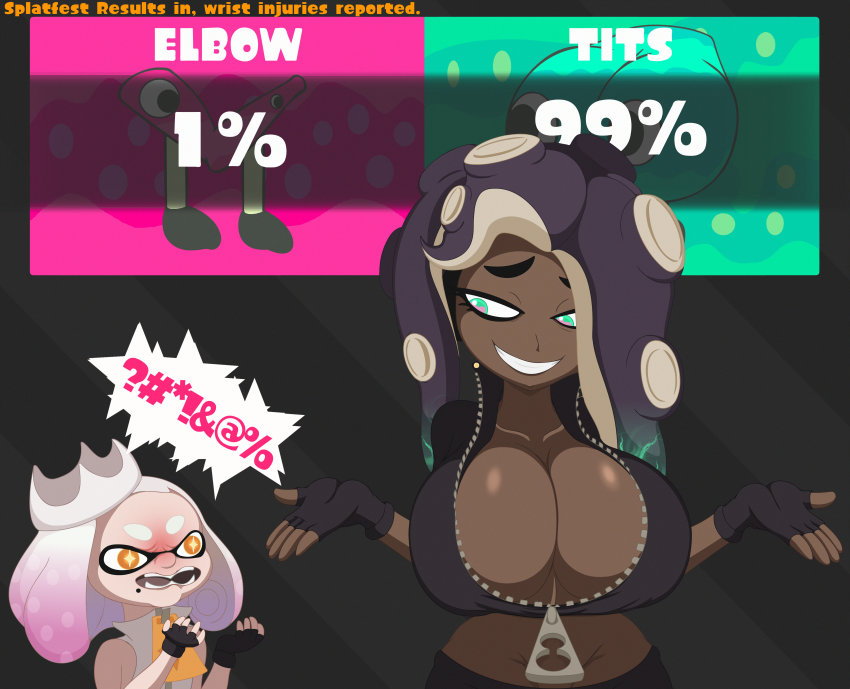 2girls absurdres breast_envy breasts cleavage dark-skinned_female dark_skin ducktits fingerless_gloves gloves highres huge_breasts inkling marina_(splatoon) multiple_girls nintendo octoling pearl_(splatoon) source_request splatoon_(series) tagme tentacle_hair