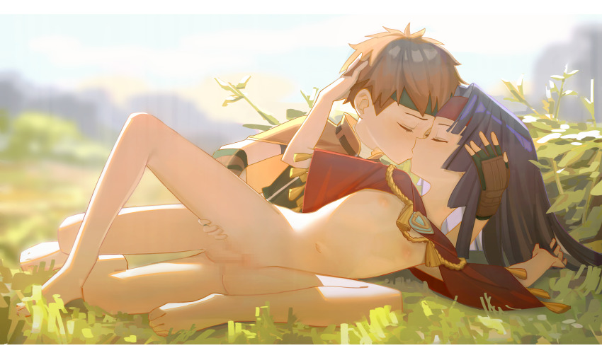 1boy 1girl absurdres blush bottomless censored fingerless_gloves fire_emblem fire_emblem:_path_of_radiance flat_chest gloves grass green_headband hand_on_another&#039;s_head headband hetero highres kiss kodomo_doushi loli lying mosaic_censoring navel nintendo nipples on_side orange_hair outdoors penis purple_hair pussy red_headband ri-el sanaki_kirsch_altina sex sex_from_behind shota tormod_(fire_emblem) vaginal