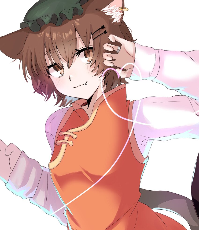 1girl absurdres animal_ears arm_up breasts brown_eyes brown_hair cat_ears cat_tail chen closed_mouth commentary_request fang fang_out frills gold_trim green_hat hair_between_eyes hair_ornament hairclip hands_up hat heart heart_of_string highres jewelry kashiwara_mana light_blush light_smile long_sleeves looking_at_viewer mob_cap multiple_tails nekomata red_skirt red_vest ring simple_background skirt skirt_set sleeves_past_wrists solo tail touhou two_tails vest white_background