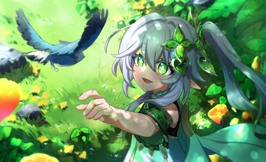 1girl absurdres akantai bird cape cross-shaped_pupils detached_sleeves dress genshin_impact grass green_cape green_eyes green_hair green_theme highres leaf multicolored_hair mushroom nahida_(genshin_impact) open_mouth pointy_ears short_sleeves side_ponytail smile solo streaked_hair symbol-shaped_pupils upper_body white_dress