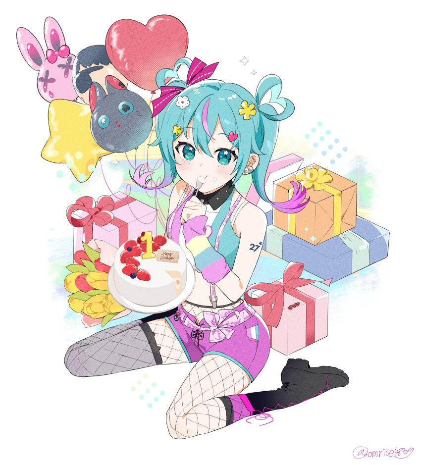 1girl absurdres aqua_hair arm_tattoo asymmetrical_legwear balloon bare_shoulders birthday_cake black_boots black_thighhighs blush boots bouquet box cake character_balloon closed_mouth collared_shirt colored_tips crop_top cross-laced_boots cross-laced_footwear deco_miku detached_sleeves ear_piercing flower flower_in_eye food food_on_face fork full_body gift gift_box green_eyes hair_rings hatsune_miku highres holding holding_fork holding_plate lace-up_boots long_hair looking_at_viewer midriff multicolored_hair navel neenya_(deco27) omutatsu piercing pink_shorts pink_socks plate shirt short_shorts shorts single_sock single_thighhigh sitting socks solo sparkle streaked_hair suspenders symbol_in_eye tattoo thighhighs twintails uneven_legwear utensil_in_mouth vocaloid wariza white_background