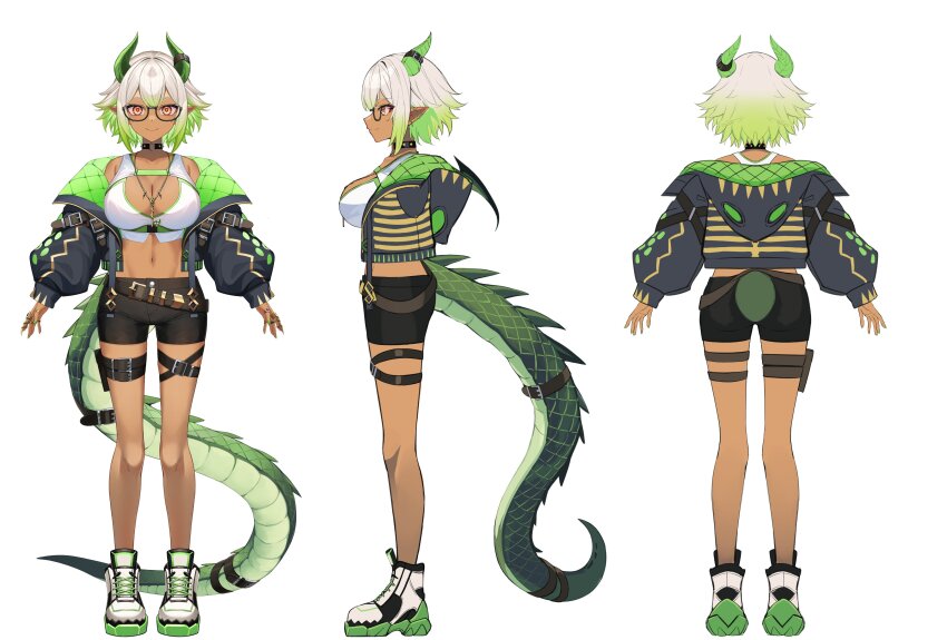 1girl absurdres akashic_pro amakakeru_draco bare_shoulders belt black_belt black_shorts breasts character_sheet choker cleavage closed_mouth crop_top dark_skin dragon_girl dragon_horns dragon_tail full_body glasses gradient_hair green_hair grey_hair heart heart_o-ring highres horns jacket large_breasts leg_belt multicolored_hair multiple_views navel open_clothes open_jacket orange_eyes outstretched_arms piercing pointy_ears shorts standing tail takehana_note turnaround virtual_youtuber white_background