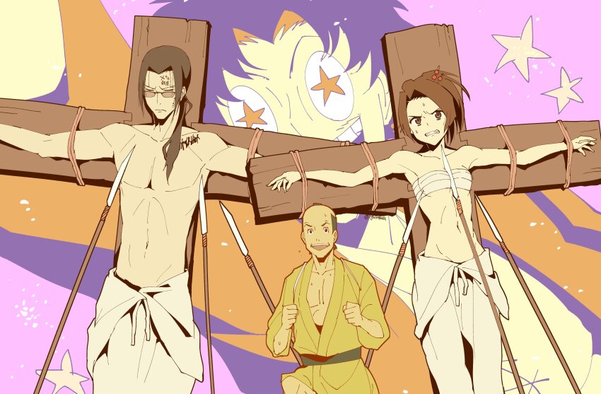 +_+ 1girl 3boys absurdres anger_vein bandaged_chest bare_arms bare_shoulders breasts brown_eyes character_request cleavage clenched_teeth closed_eyes cross crucifixion furrowed_brow fuu_(samurai_champloo) glasses grin hair_ornament hair_over_shoulder hair_stick highres igusaharu japanese_clothes jinnosuke long_hair medium_breasts medium_hair midriff mugen_(samurai_champloo) multiple_boys navel parted_bangs polearm ponytail purple_background samurai_champloo short_hair skirt smile spear sweatdrop teeth topless_male twitter_username underboob weapon white_skirt