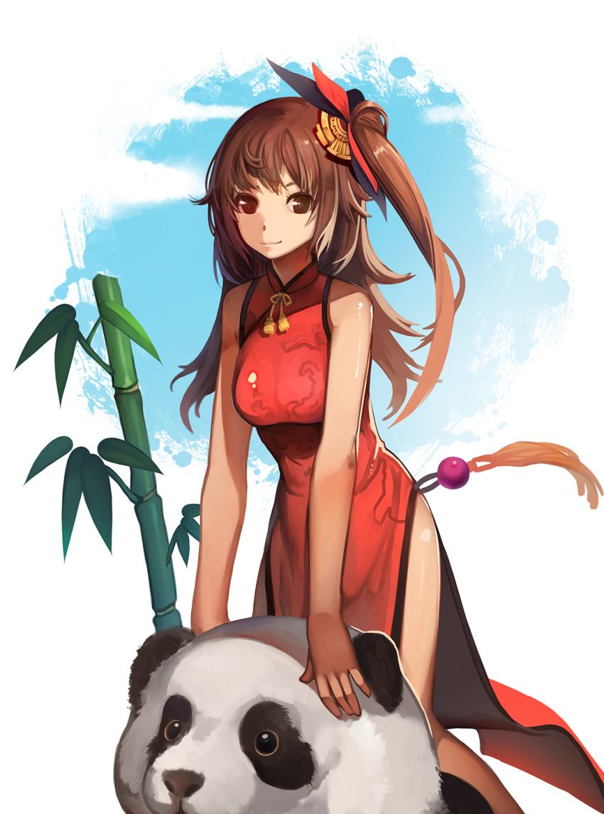 1girl brown_eyes brown_hair china_dress chinese_clothes dress female_focus highres kamisakai long_hair original panda side_slit sleeveless solo