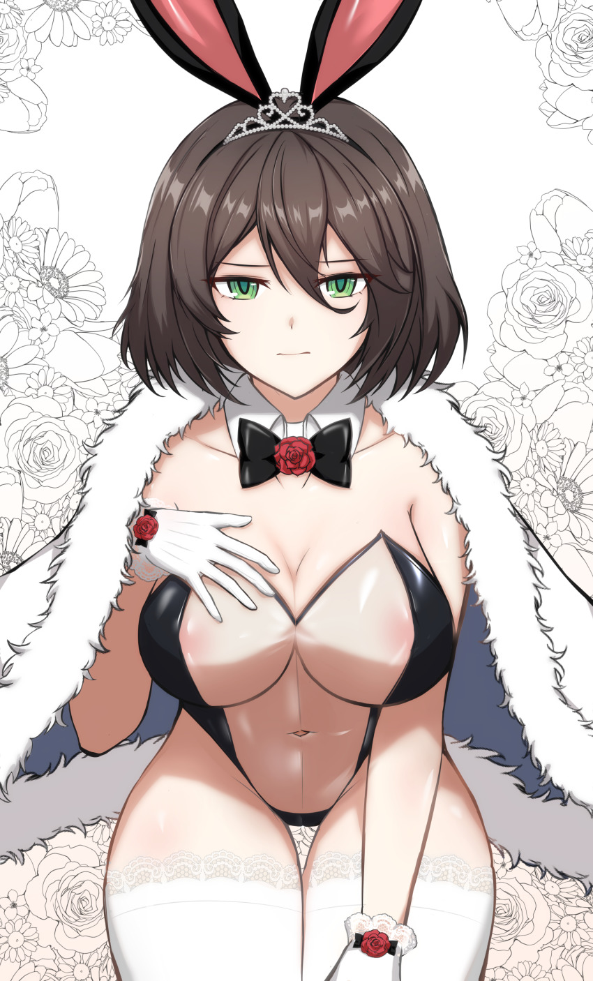 1girl absurdres alternate_costume animal_ears bad_id bad_pixiv_id bow bowtie breasts cleavage collarbone counter:side elizabeth_pendragon fake_animal_ears flower gloves green_eyes hair_between_eyes highres kjg003 lace lace-trimmed_thighhighs lace_trim large_breasts leotard looking_at_viewer meme_attire navel playboy_bunny rabbit_ears see-through_clothes thighhighs tiara translucent_bunnysuit white_gloves white_thighhighs