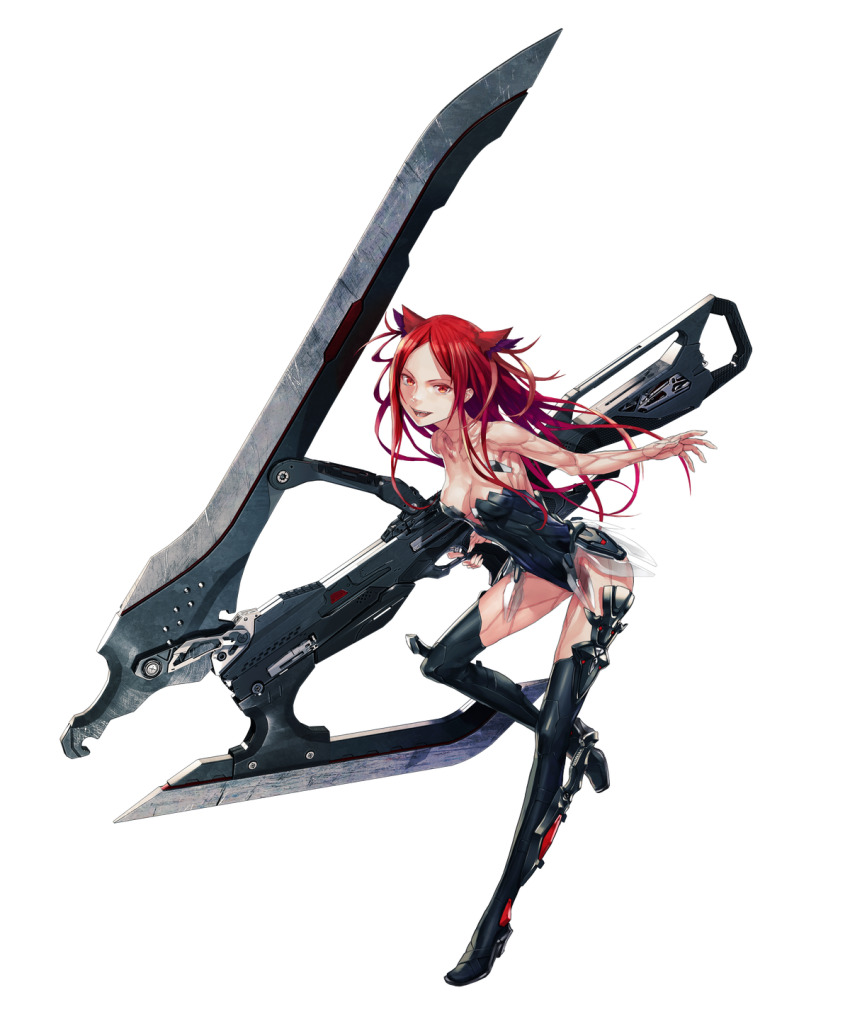 1girl android bare_arms bare_shoulders beatless breasts cleavage device dress full_body hair_ornament highres holding holding_weapon kouka_(beatless) leaning_forward long_hair mecha_musume off-shoulder_dress off_shoulder official_art open_mouth outstretched_arm over-kneehighs parted_bangs red_eyes red_hair redjuice seams simple_background standing standing_on_one_leg thighhighs transparent_background weapon zettai_ryouiki