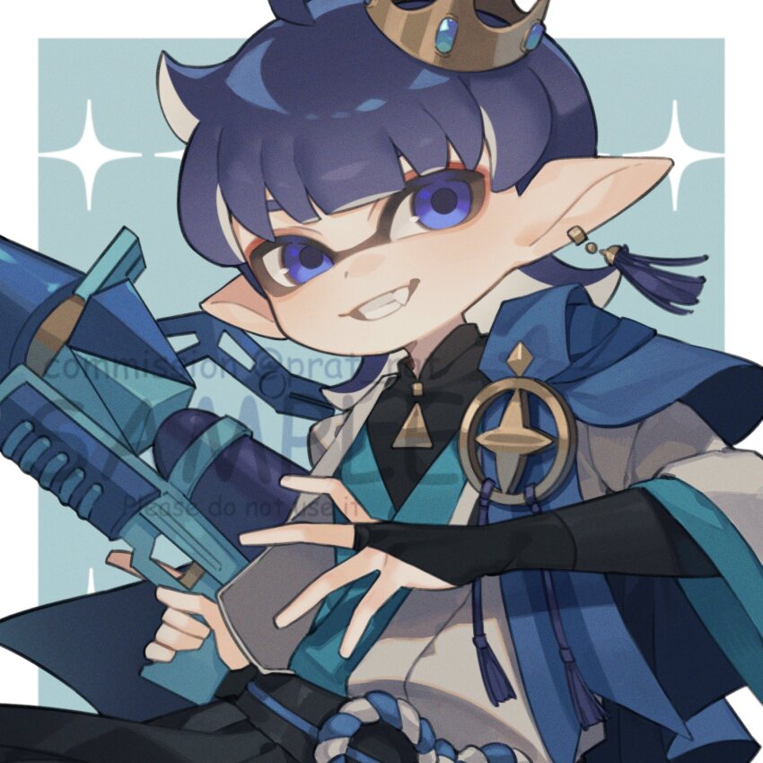 black_hakama blue_background blue_eyes blue_hair border bridal_gauntlets commission crown earrings gun hakama haori highres holding holding_gun holding_weapon inkling inkling_boy inkling_player_character japanese_clothes jewelry medium_hair nintendo pointy_ears prat_rat sample_watermark smile sparkle splatoon_(series) splattershot_pro_(splatoon) tassel tassel_earrings teeth watermark weapon white_border